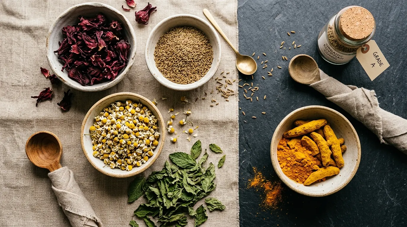 Premium Egyptian botanical harvest flatlay with hibiscus, cumin, chamomile and turmeric